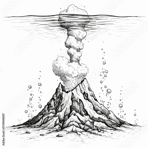 Underwater volcano illustration showcasing eruption with rising ash and bubbles in monochrome. Underwater volcano, with its explosive force, is a demonstration of nature’s destructive power,