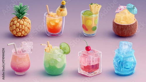 Colorful Drinks on a Palm Beach Set with 3D Cartoon Style