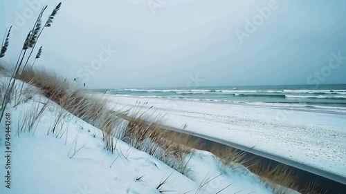 Serene Winter Beach Landscape with Snow-Covered Dunes and Ocean Waves