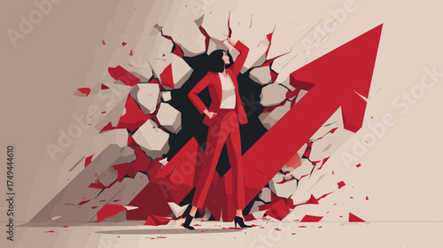 Empowered Businesswoman Breaking Barriers with Rising Red Arrow in Dynamic Office Environment