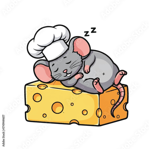 A cute little mouse in a chef hat is fast asleep on a cheese.