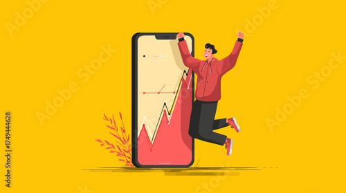 Exciting Growth in Business, Smartphone Illustration, Vibrant Yellow Background, Digital Art, Dynamic Environment, Creative Perspective