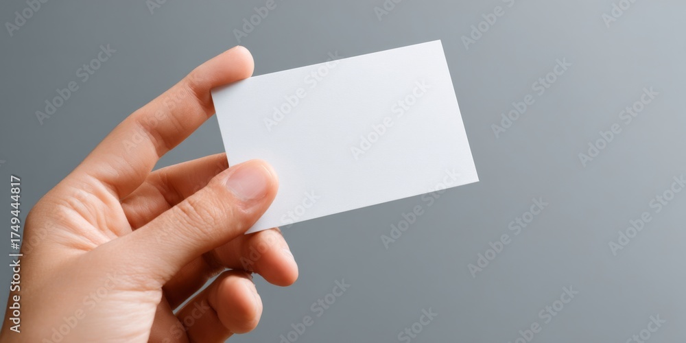 Fototapeta premium Unique Hand Holding Blank Business Card on Elegant Gray Background for Custom Design Mockup and Personal Branding Use