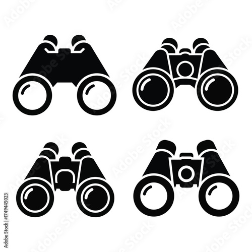 Set of four stylized binocular icons representing different perspectives and levels of detail for optics and observation silhouette