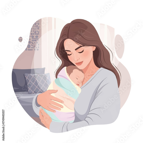 She embraces her baby lovingly in a serene environment.