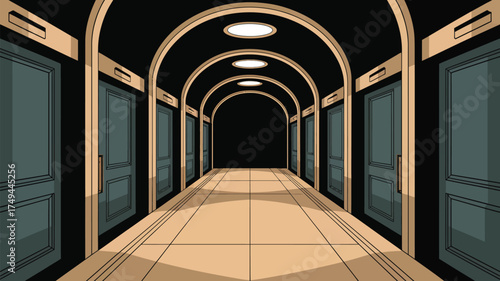 A cartoon hallway with arched doorways and lights leading into a dark abyss at the end of the hall