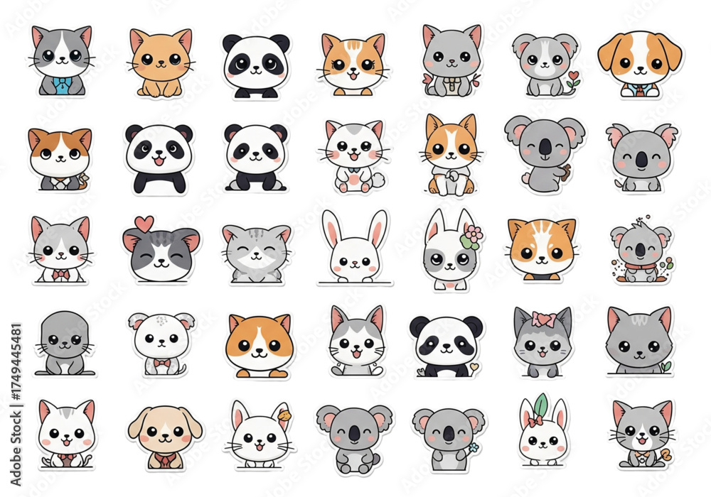 Obraz premium Cute Cartoon Chibi Kawaii Animal Vector Collection Bundle Cats Dogs Pandas Koalas Rabbits Pet Wildlife Adorable Baby Graphics