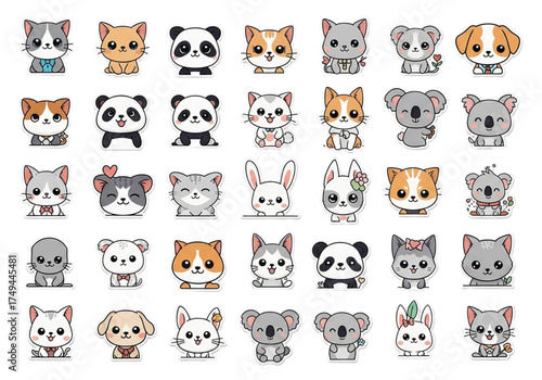 Cute Cartoon Chibi Kawaii Animal Vector Collection Bundle Cats Dogs Pandas Koalas Rabbits Pet Wildlife Adorable Baby Graphics