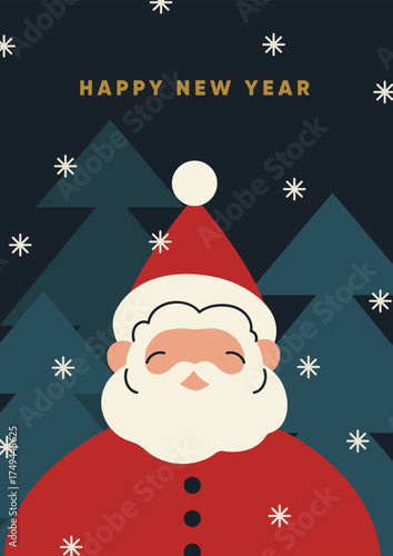 Happy New Year and Merry Christmas card design. Festive winter poster with Santa Claus, snow, fir trees. Seasonal holiday postcard, Xmas background, greeting typography. Flat vector illustration.