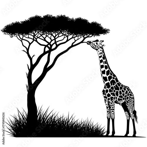 Striking black and white vector silhouette of a tall giraffe eating leaves from an acacia tree on the African savanna.