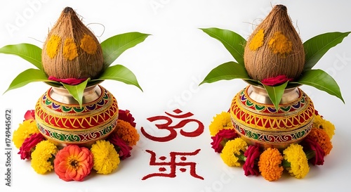 Two kalash pots adorned with coconuts, mango leaves, and vibrant flower garlands, with om and swastika symbols in red, symbolizing auspiciousness and hindu tradition
