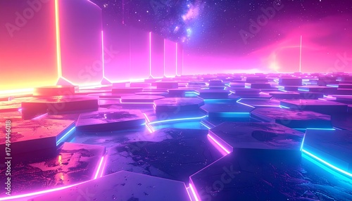 Wallpaper Mural Futuristic glowing hexagon grid background with neon lights high resolution photo Torontodigital.ca