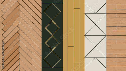 A collage of different wood flooring patterns including herringbone diamonds and straight planks designs