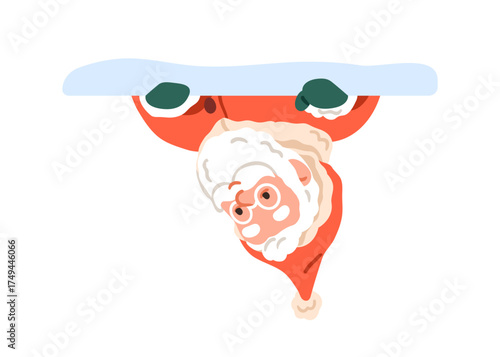 Santa Claus hanging upside down, peeking out from behind snow. Happy funny playful Christmas character peeping, smiling to winter holiday. Flat vector illustration isolated on white background.