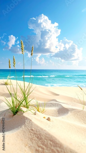 Fototapeta Naklejka Na Ścianę i Meble -  A vertical composition captures a serene coastal scene. Golden sand dunes meet clear turquoise water under a bright blue sky with puffy white clouds