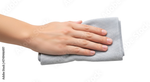 Photos Isolated hand wiping with soft microfiber cloth, cleaning, dusting, household ch