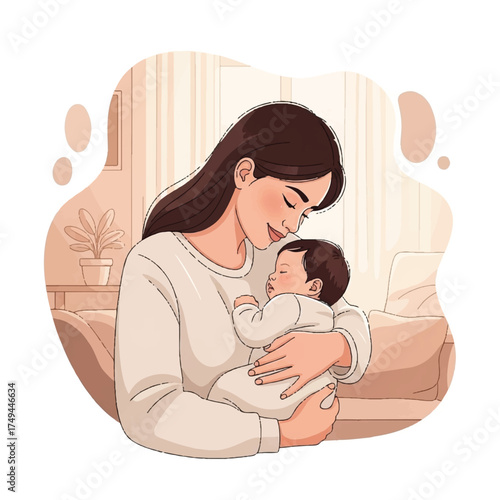 The mother cuddles her infant in a calm, comforting place.