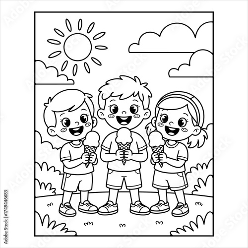 Kids Eating Ice Cream Coloring Page, Summer Fun Outdoor Vector Illustration, Friends Eating Ice Cream Coloring Page, Cute Kids Summer Scene Outline Vector, 