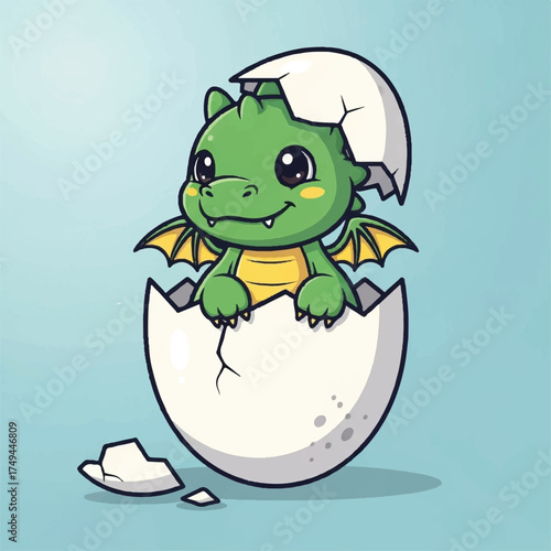 A cute little dragon emerged from a cracked eggshell