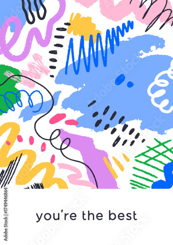 Abstract scribbles, card design. Doodle shapes, colored blobs, spots, splatte...