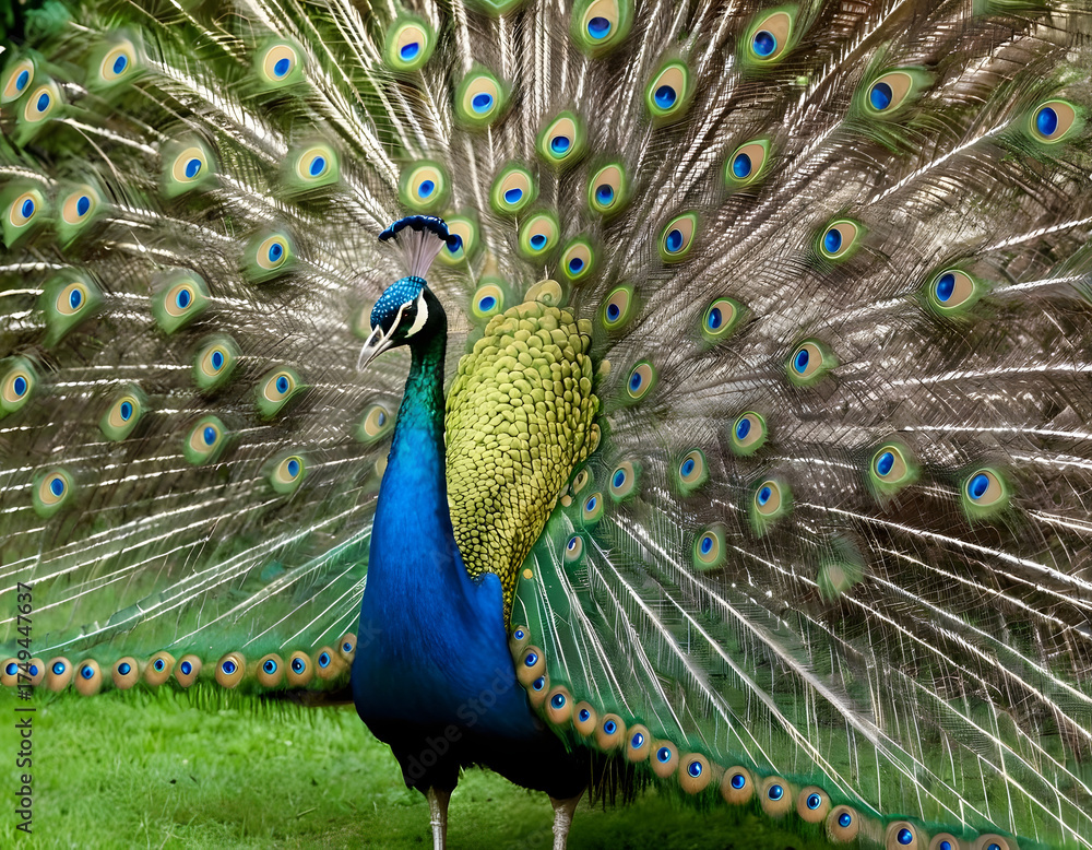 Obraz premium brilliantly colorful peacock displaying its iridescent plumage in full glory. Concept of natural splendor., peacock with feathers out of focus
