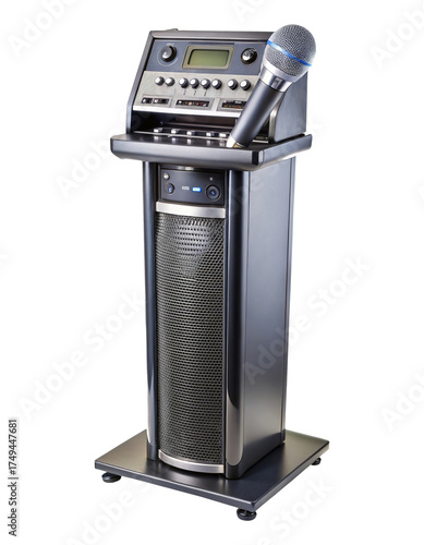Modern karaoke machine with microphone stand and speaker system for fun entertainment