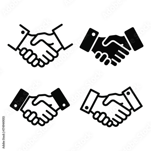 Four iconic handshake icons representing business deals trust partnership agreement collaboration and success silhouette