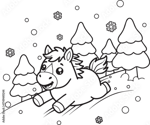 Cute Pony Sledding Snow Forest coloring page