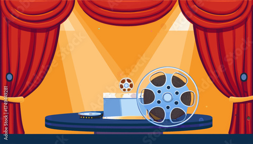 Animated stage with curtains, spotlights, and film reels, representing cinema and movies.