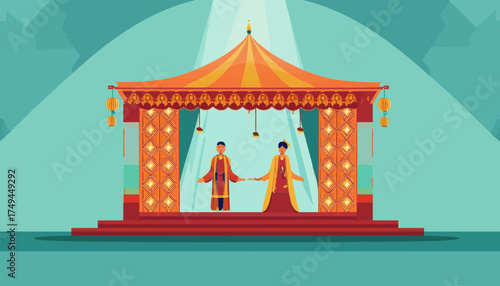 An illustration depicting a traditional wedding ceremony with two figures standing under a decorated canopy.
