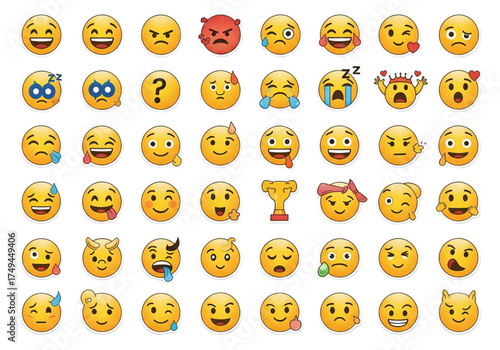 Vibrant collection of diverse yellow cartoon emoji faces displaying a wide range of human emotions and expressions, vector illustration.