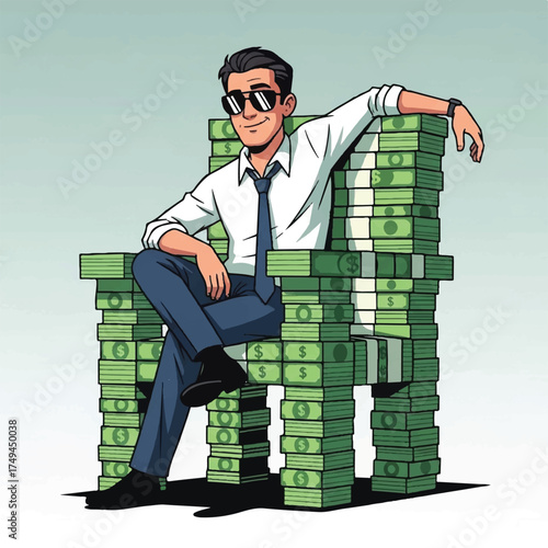 A man in office attire and sunglasses relaxes on a money chair.