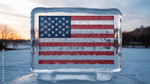 Frozen American flag encased in ice, reflecting a winter landscape at sunrise.
