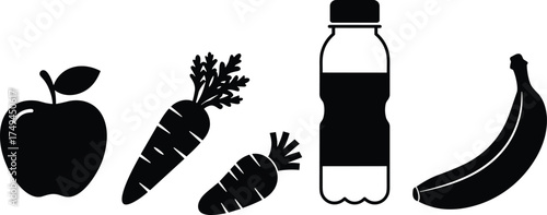 WebHealthy food and drink silhouette illustration with apple, carrot, banana, and juice bottle for nutrition concept