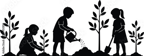 Kids Planting Trees Silhouette Eco Education and Earth Day Vector Illustration, educational materials, sustainability projects and eco-friendly designs.