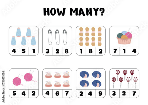 How Many Objects Worksheet with Yarn and Sewing Tools