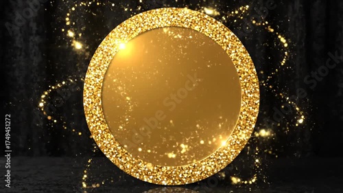 Gold coin award with glittering frame and sparkling particles on dark backdrop