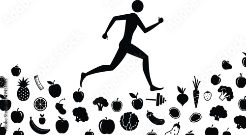 Healthy lifestyle concept with running athlete silhouette surrounded by fruits and vegetables promoting fitness and wellness