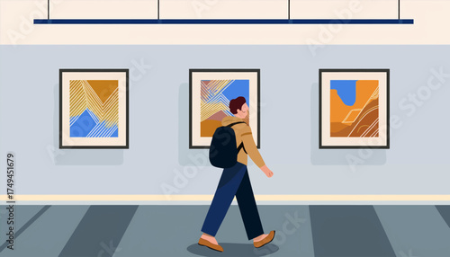 A man with a backpack walks through an art gallery, observing three abstract paintings hanging on the wall.