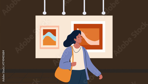 A woman with a shoulder bag views abstract art displayed on a wall in an art gallery or museum setting.