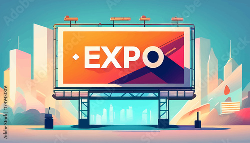 An advertising billboard with the word EXPO displayed against a stylized, modern illustration of an urban city skyline.