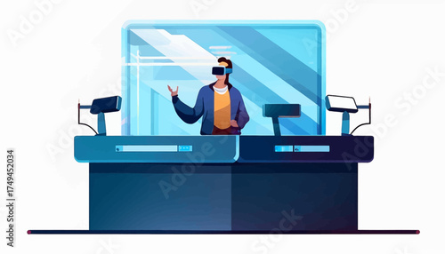 A person wearing VR headset exploring a digital environment, interacting with a virtual world.