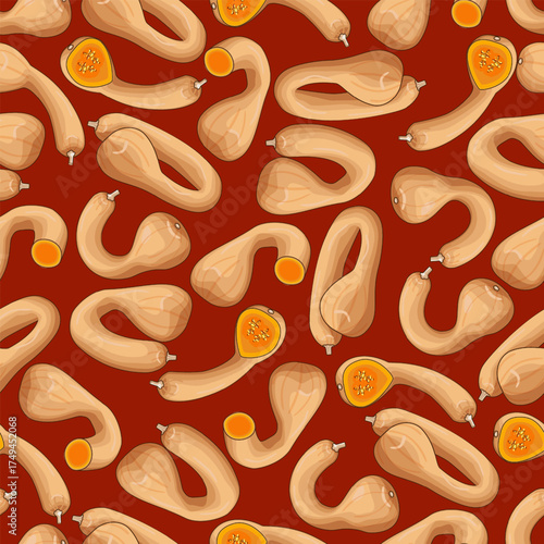 Seamless pattern with Dutch Crookneck Squash or Pennsylvania Dutch crookneck. Winter squash. Vegetables. Isolated vector illustration.