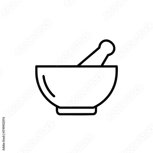 Mortar and pestle line art for culinary herbs and spices, a simple organic cooking icon for food blogs, healthy eating websites, and natural medicine
