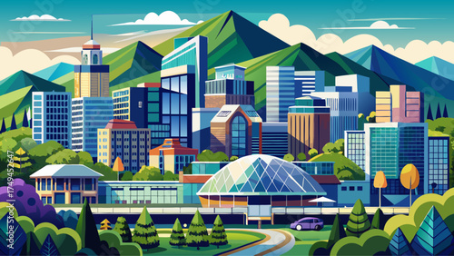 Very beautiful downtown Roanoke, Virginia, showcasing modern architecture, lush greenery, and mountain backdrop, vector-style cityscape full of vibrant charm.
