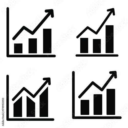 Four upward trending bar chart icons representing business growth financial progress and data analysis performance silhouette