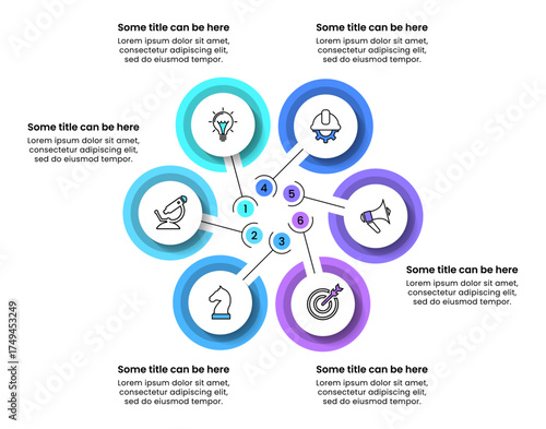 Infographic template. 6 circles with numbers and icons