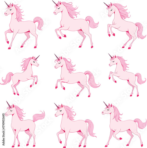 Pink unicorn illustration set featuring whimsical poses and magical details in a cute fantasy style for children’s design themes