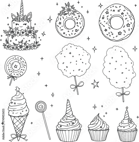 Whimsical dessert icon set in black and white featuring unicorn cakes, donuts, cotton candy, cupcakes, and magical sweets