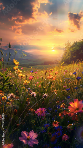 A vast field of flowers stretches as far as the eye can see, bursting with vibrant colors.